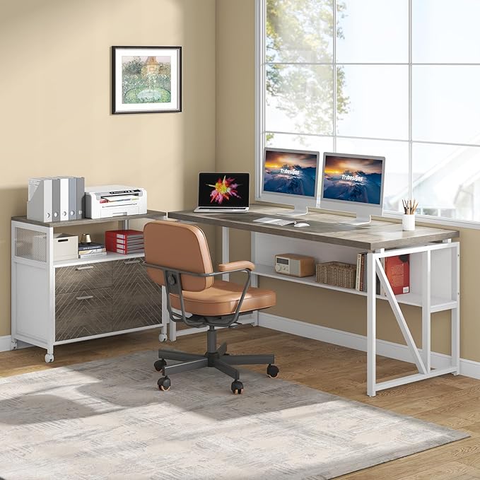 Tribesigns L Shaped Desk with Drawer Cabinet, 63" Executive Computer Desk and lateral File Cabinet, 2 Piece Home Office Furniture with Drawers for Hanging File, Doors with Locks (Dark Oak, 63-inches)