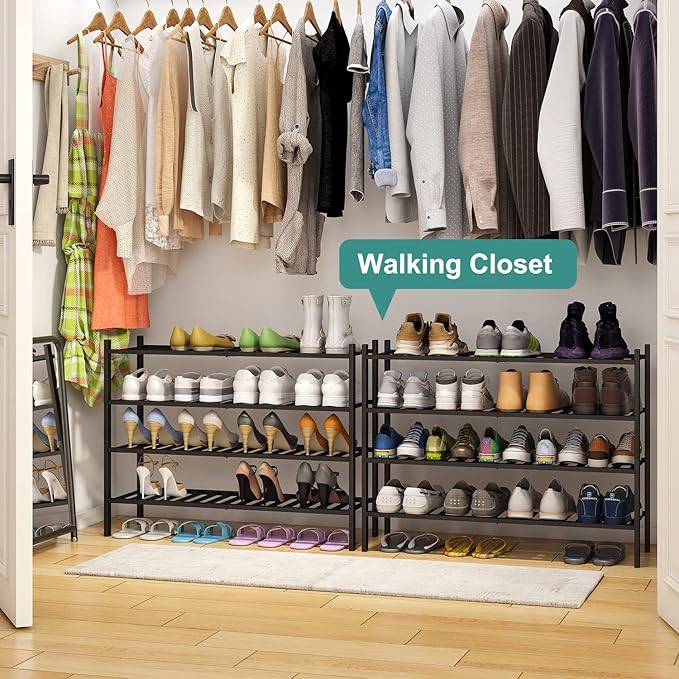 Black 4-Tier Long Shoe Rack, Bamboo Wood, 33-Inch