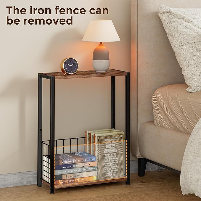 Narrow Side Tables Set of 2 with Magazine Holder, Skinny End Tables Perfect for Small Spaces, Space-Saving Design for Living Room, Bedroom, or Office, 7.1" D x 16.9" W x 23.6" H, Rustic Brown