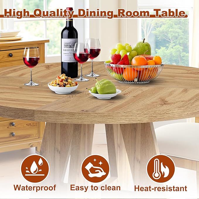 Round Dining Table for 4, 47 Inch Dinner Table Farmhouse Wooden Circle Kitchen Tables with Cross Base for Dining Room, Kitchen, Living Room, Retro Brown