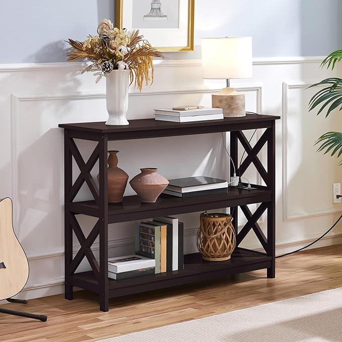 Yaheetech Console Table with Power Outlet, 3 Tier Narrow Sofa Couch Table with Storage Shelves, Wood Entryway Table Side Table for Living Room, Hallway, Entrance, Bedroom, Espresso