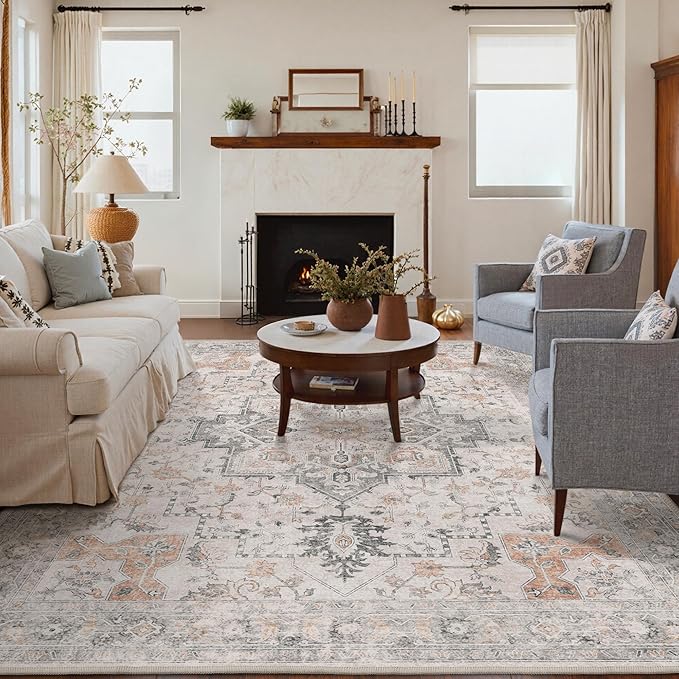 GENIMO 5X7 Area Rugs for Living Room, Machine Washable Non Slip Vintage Rugs, Low Pile Lightweight Chenille Print Rug for Bedroom, Dining Room, Home Office, Light Taupe Brown