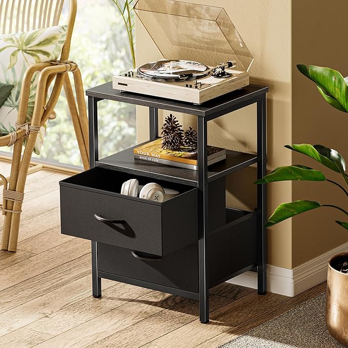 Huuger Night Stand Set of 2, Nightstand with 2 Drawers, Bed Side Table with Open Shelf, Wooden Top, End Table, Fabric Drawer, for Bedroom, Black