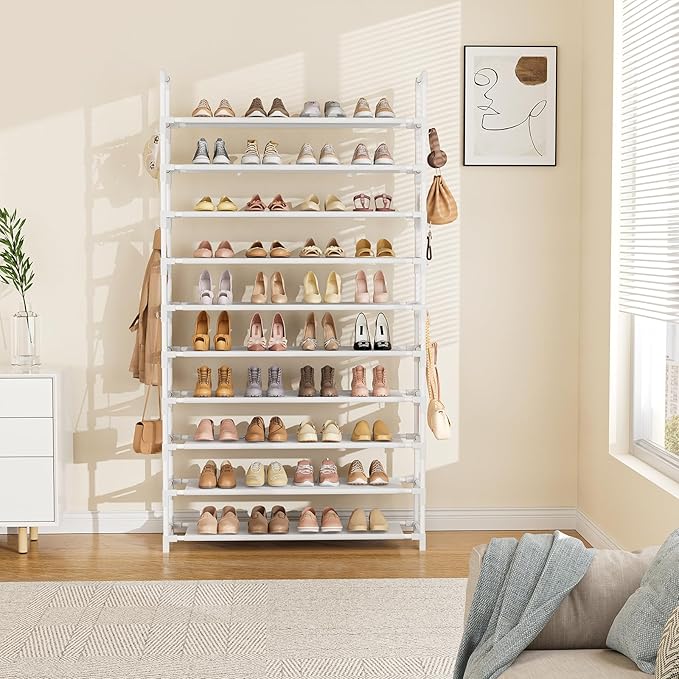 Tall Shoe Rack 10 Tier Shoe Organizer Large Shoe Shelf with 18 Hooks Storage for 50 Pair Sneaker and Boot, Stackable Vertical Shoe Rack Organizer for Closet, Entryway, Bedroom, White