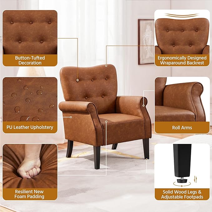 Yaheetech Modern Armchair, Mid Century PU Leather Accent Chair with Sturdy Wood Legs and High Back for Small Space, Upholstered Sofa Club Chair for Living Room/Bedroom/Office, Retro Brown