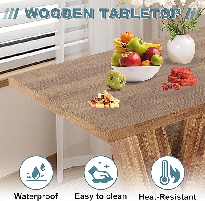 Dining Table for 4-6, 47" Farmhouse Dinner Table with with Wooden Tabletop and Heavy Duty Pedestal Wooden Rectangular Kitchen Tables for Dining Room, Kitchen, Living Room, Walnut Brown