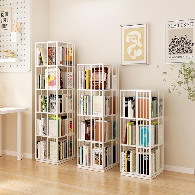 Square Rotating Bookshelf Tower - 360 Spinning Display Corner Bookcase for Narrow Space, Modern 3-Tier Revolving Storage Shelf, White