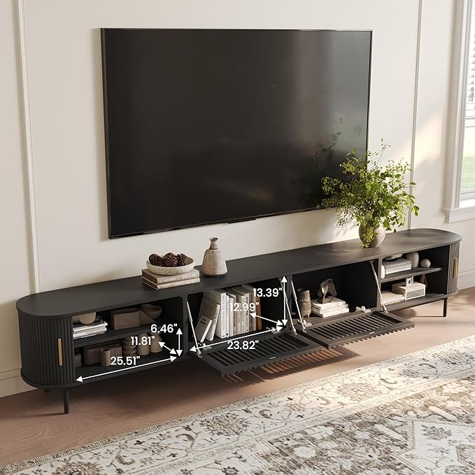 POVISON Sliding Tambour Door TV Stand, Mid Century Modern TV Console, Wood Media Console, Entertainment Center with Storage Cabinet, Fully-Assembled (Black, 118.11")