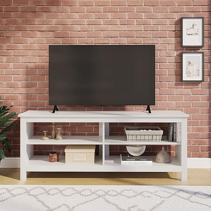Panana Modern TV Stand with 4 Open Shelves 55inch Entertainment Center for TVs up to 65inch Medial TV Console Table Cabinet for Living Room (White)