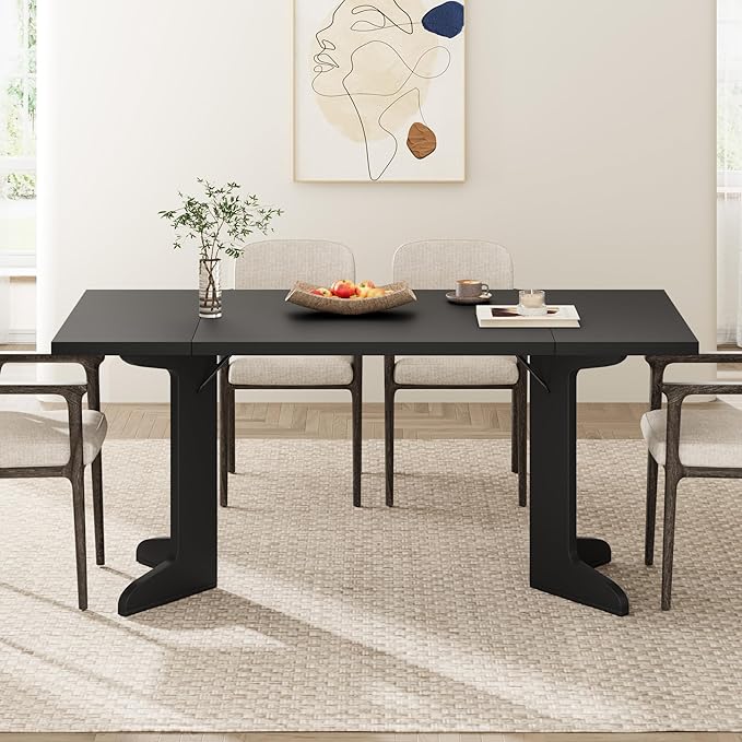 71" Large Dining Table for 6, Farmhouse Kitchen Table with Padded Top and Unique V-Shaped Feet, Rectangular Wooden Dining Table for 8 People for Home, Dining Room, Kitchen, Office, Black