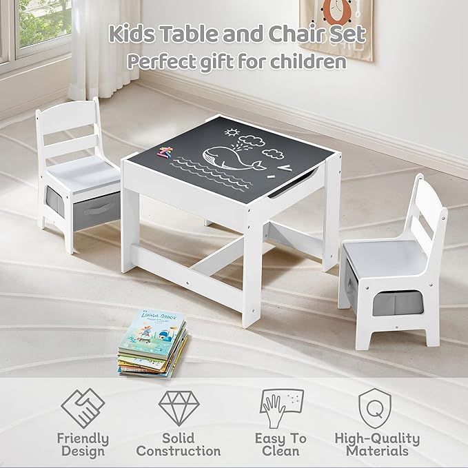 Kids Table and Chairs Set, 4 in 1 Wooden Kids Table with Reversible Tabletop, Children Activity Table with Removable Tabletop Storage, Toddler Table and Chair Set for Home, Nursery, Playroom