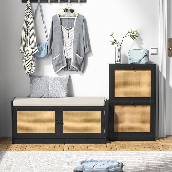 Rattan Shoe Cabinet for Entryway Slim, Entrance Shoe Cabinet with Flip Drawers Narrow, 2 Tier Hidden Shoe Organizer for Foyer, Dorm, Small Space, Black