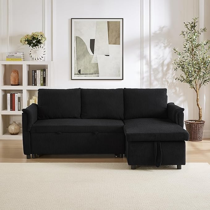 Ball & Cast L-Shape Reversible Sectional Sleeper Sofa Bed 4 in 1 Pull Out Couch with Storage Chaise&Removable Backrest,Convertible Sleeper Corner Couch Pull-Out Sofa Bed for Living Room,Corduroy,Black