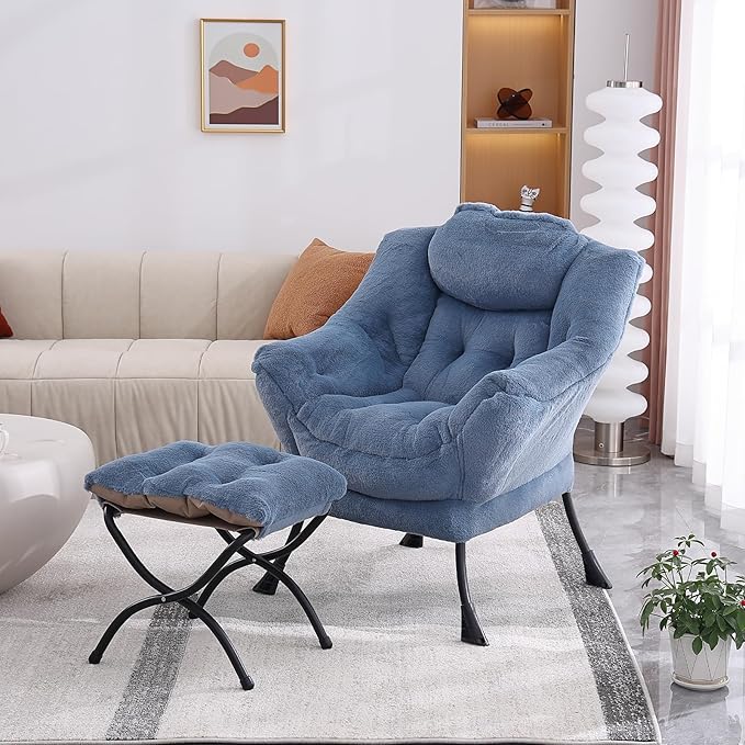 Lazy Chair with Folding Ottoman, Modern Accent Lounge Armchair with Armrests and a Side Pocket & Foldable Footstool, Leisure Reading Chair for Living Room, Bedroom & Dorm, Plush Light Blue