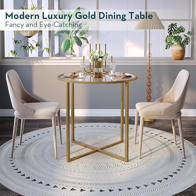 SAYGOER Small Round Dining Table for 2,Glass Circle Kitchen Dinner Table,26.7'' Multifuntional Modern Desk for Dining Room,Office,Kitchen,Apartment,Easy Assembly,Gold