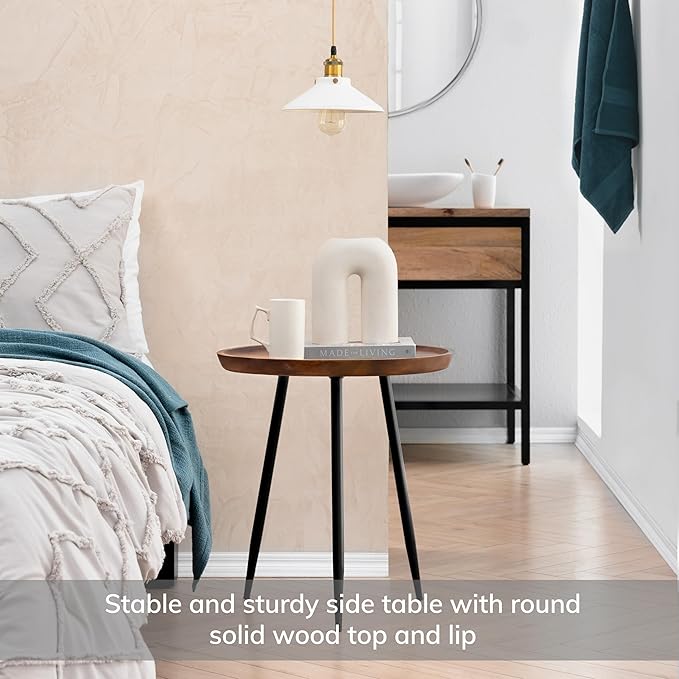 MH London Side Table - Dilan Tri Pin Small Table. Exclusively Designed Hand-Crafted Small Nightstand. Solid Wood Round End Table. Contemporary Accent Table for Bedrooms, Living Rooms and Home Office