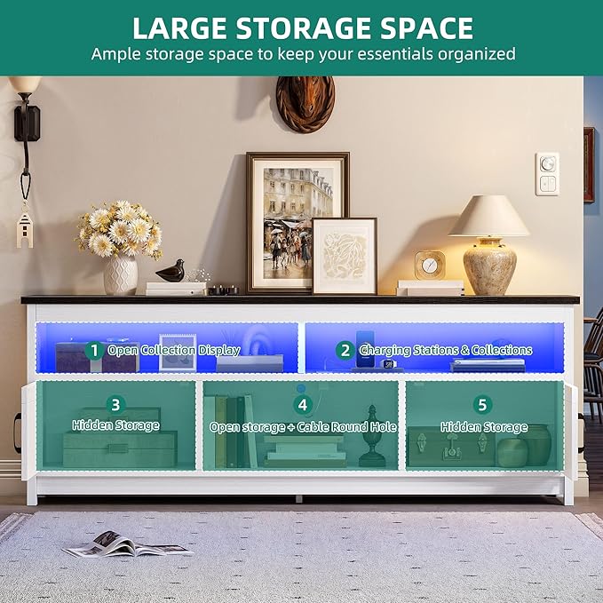 YITAHOME Farmhouse TV Stand for 65/75 Inch Television, LED Entertainment Center Television Stand with Power Outlets and Open Shelf, Media Console TV Cabinet for Living Room, White/Black