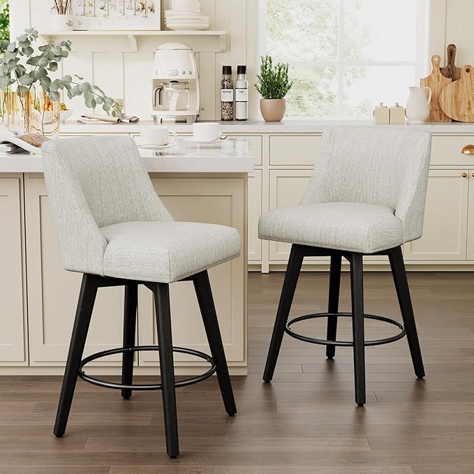 Vipbear Swivel Counter Height Bar Stools Set of 3,26.8" H Counter Stools with Back, Mid Century Modern Bar Stools for Kitchen Island,Linen Fabric,Wooden Base, White
