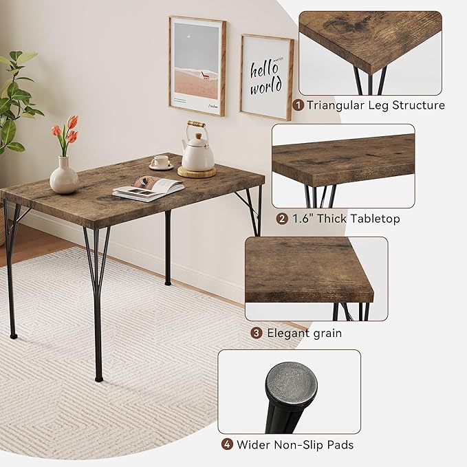 Vipbear Kitchen Dining Table Set for 4, 5-Piece Kitchen Table Set with 1.6“ Thick Tabletop,Dining Room Table Sets,Kitchen Table Set with 4 Chairs for Small Space, Dinette,Apartment,Retro Brown