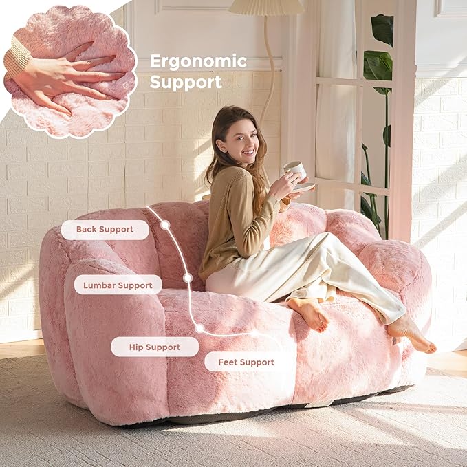 MAXYOYO Bean Bag Chair for Adults, Loveseat Floral Shaped Bean Bag Sofa, Ultra Soft Love Seat Mini Sofa Couch, Faux Fur Reading Chair for Living Room Bedroom, Pink