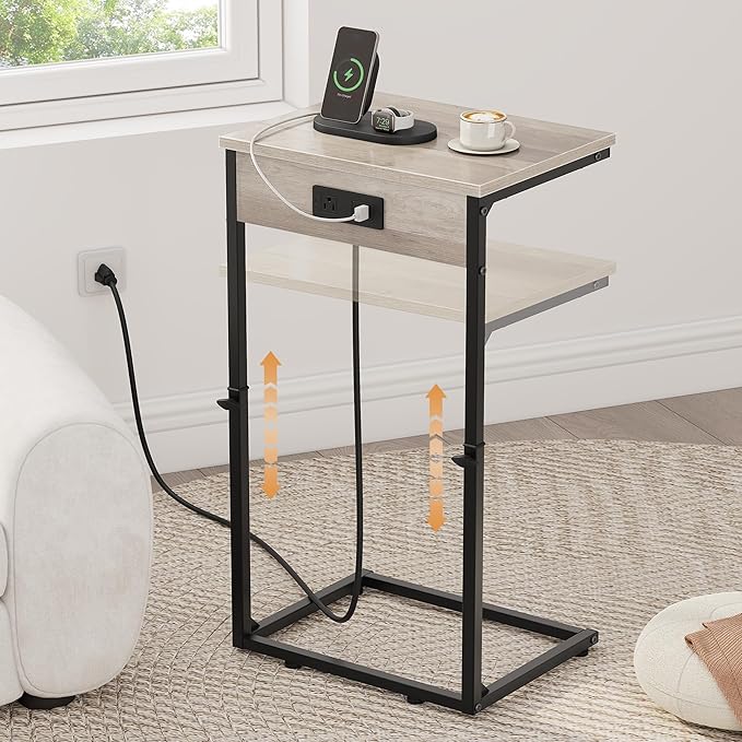 Vagusicc C Shaped End Table with Charging Station, Adjustable Height Side Table for Couch,Small Side Table Small Spaces,33.2'' Tall Couch Tables that Slide Under, Tv Tray Table for Living Room, Greige