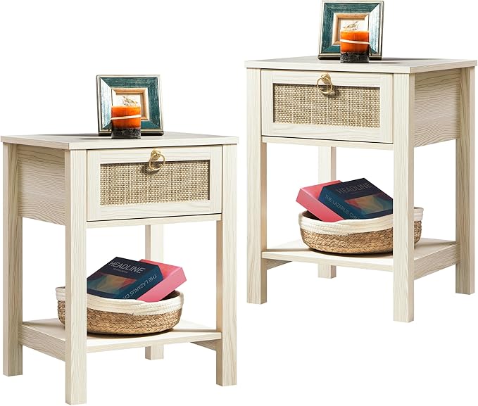 SICOTAS White Nightstand Set of 2,Rattan Decor Drawer with Brass Knobs Night Stand Wood Bedside Table Boho End Tables Side Tables with Storage Shelf
