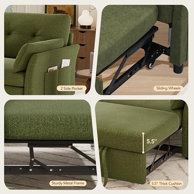 Vipbear 3-in-1 Chenille Convertible Sofa Bed, Pull Out Sleeper Sofa with Side Pocket & Adjustable Backrest, Tool-Free Assembly, Folding Loveseat for Living Room, Apartment, Green