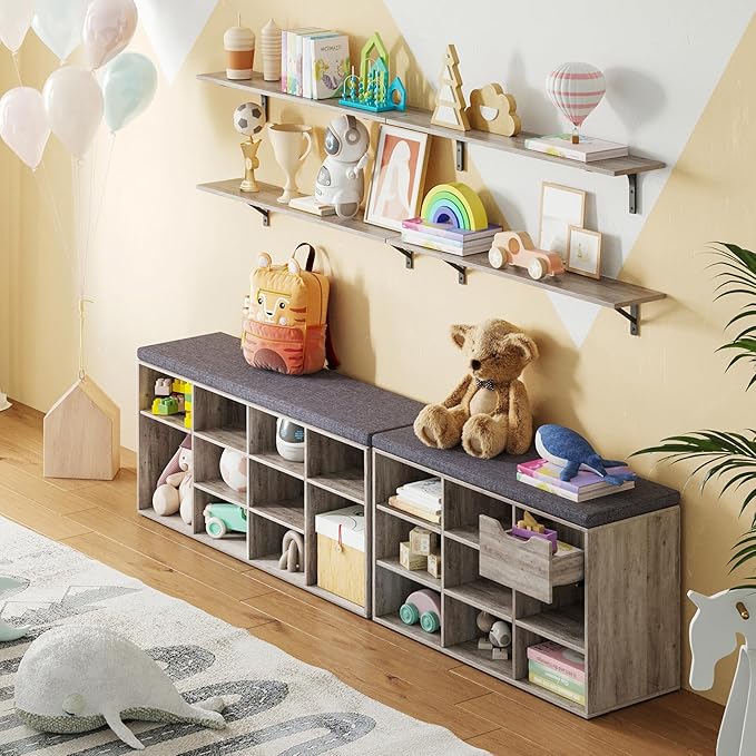 DINZI LVJ Shoe Bench,Entryway Storage Bench with Drawer and 8 Cubbies,Cubby Rack Adjustable Shelves,Shoe Organizer Cabinet for Living Room,Bedroom,Mudroom,Closet Garage,Greige