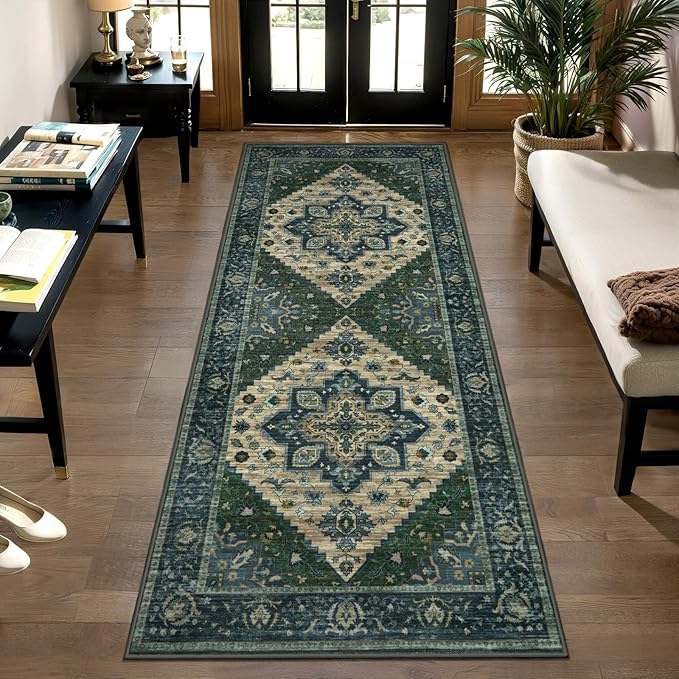 Tangsoo Washable Runner Rug, 2x6 Runner Rugs for Hallways, Non Slip Vintage Rug, Soft Low Pile Long Print Distressed Carpet Runners for Kitchen Bedroom Entryway Bathroom Living Room Green