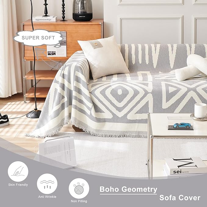 STACYPIK Boho Couch Cover, Chenille Gray Triangle Sofa Cover for 3 Cushion Couch,Non Slip Couch Protector for Dogs Pet-Friendly, Reversible Sectional Cover for L-Shaped, Tassels Throw Blanket-71X150IN