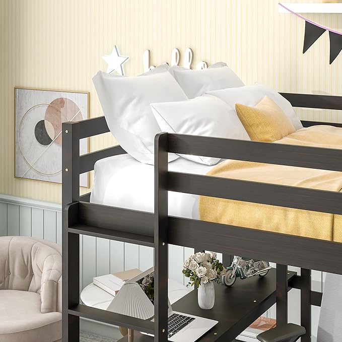 HomSof Full Loft Bed with Desk and Shelves,Espresso