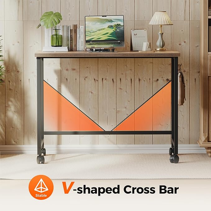 Rolling Computer Desk with Wheels, Gaming Desk for Small Spaces, Modern Simple Style Table for Home Office, Study Writing Table (Caster, Rustic Brown, 48 inch)