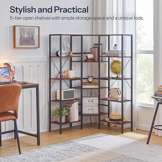 HOOBRO Industrial Corner Bookshelf, 5-Tier L-Shaped Bookcase, Open Display Storage Rack, Floor Standing Storage Shelf, for Living Room, Bedroom, Home Office, Rustic Brown and Black BF68SJ01