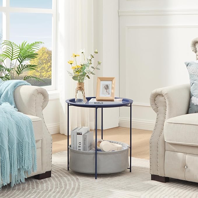 VECELO Round Side/End Table with Fabric Storage Basket，Metal Anti-Rust and Waterproof Small Bedside Nightstand with Removable Tray Top for Living Room，Balcony & Laundry，Blue /2pcs with Basket