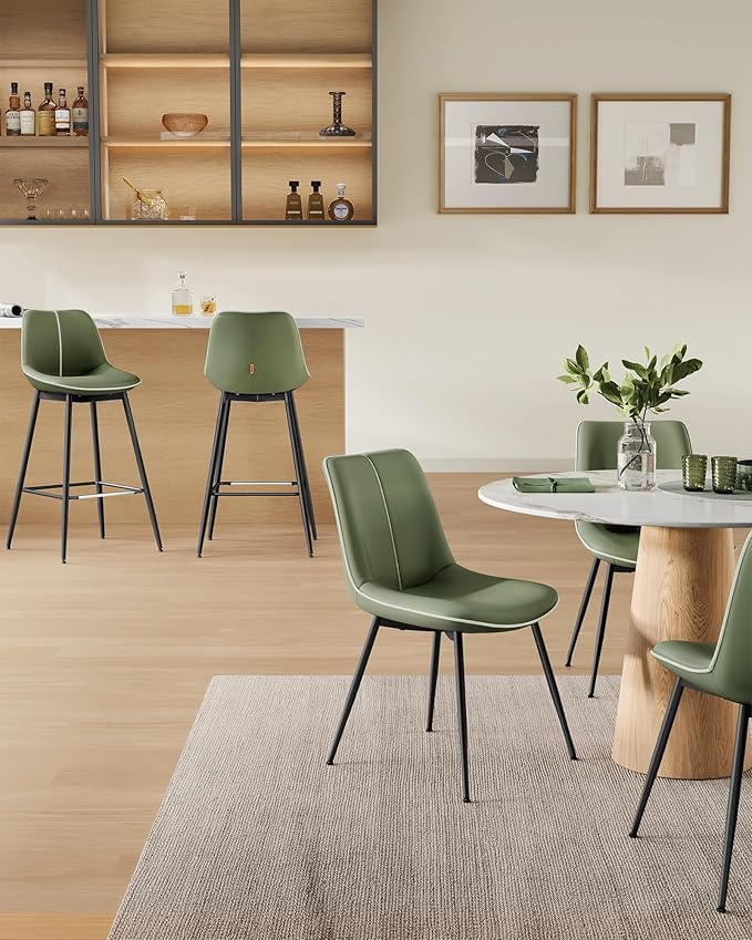 VASAGLE Bar Stools Set of 2, Bar Height Bar Stools with Back, Ergonomic Backrest, Synthetic Leather, Metal Legs, 28.7-Inch Tall Barstools for Kitchen Island Home Bar, Easy Assembly, Forest Green