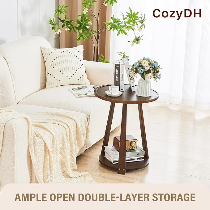 CozyDH Round End Table Living Room, Side Table with Lower Shelf Bedroom, Solid Rubberwood Night Stand with Storage Space, Sofa Couch Table Walnut