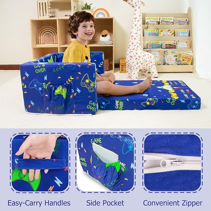 Kids Couch, 2-in-1 Kid Fold Out Couch, Convertible Kids Sofa to Lounger for Girls and Boys, Soft Toddler Chairs Comfy 1-3 Years Old(Gamepad)