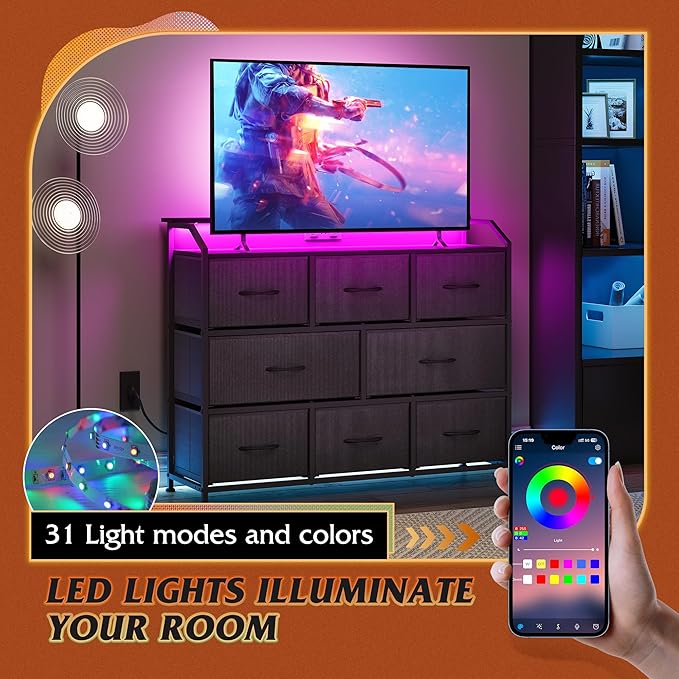WLIVE Led Dresser for Bedroom, Black Dresser TV Stand for Bedroom with LED Lights and Power Outlet, Wide Chest of Drawers for Hallway, 8 Fabric Drawers for Living Room and Entryway, Easy to Assemble