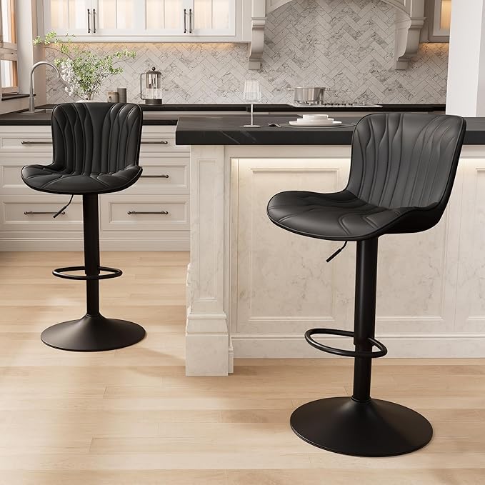 YOUNIKE Black Bar Stools Sset of 4 Modern Swivel Counter Height Bar Chair with Back Adjustable Kitchen Island Faux Leather Padded Barstools taburetes de bar Breakfast sillas para barra de cocina 4PCS