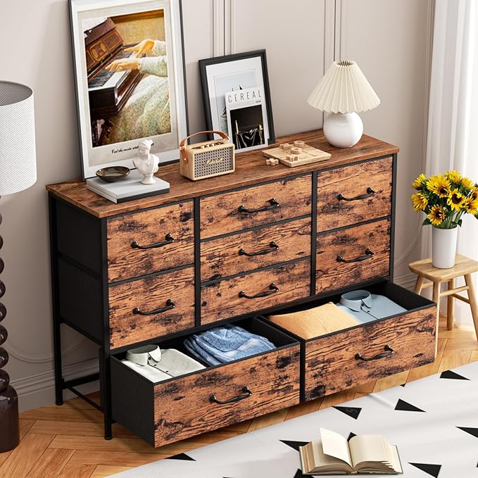 Furnulem Dresser for Bedroom with 9 Fabric Drawers for 55'' Long TV Stand Entertainment Center & Chest of Drawer, Wide Dresser Storage for Living Room, Dorm, Entryway, Sturdy Metal Frame, Rustic Brown
