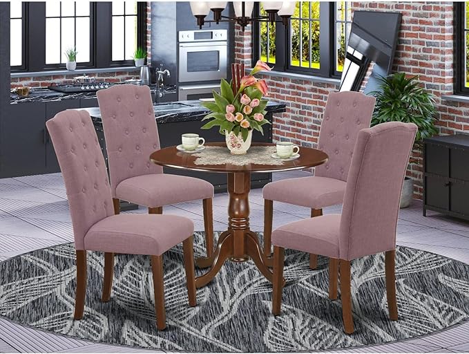 East West Furniture DLCE5-MAH-10 5 Piece Dining Room Table Set Includes a Round Kitchen Table with Dropleaf and 4 Dahlia Linen Fabric Parson Dining Chairs, 42x42 Inch, Mahogany