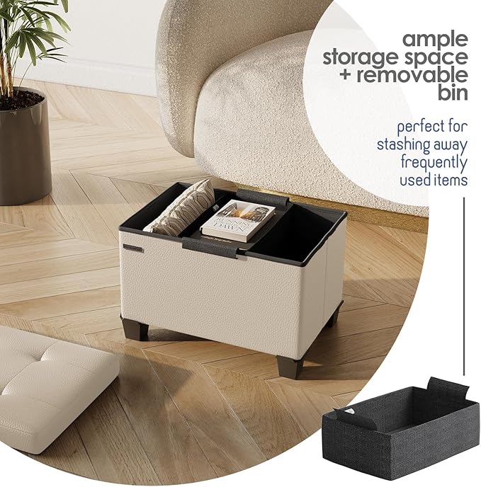 STORAGEBUD Storage Ottoman Cube with Small Bin, 16-in Square Ottoman with Storage for Living Room and Bedroom, Small Ottomans Foot Rest, Faux Leather Foot Stools Ottomans Max 330lbs, Beige