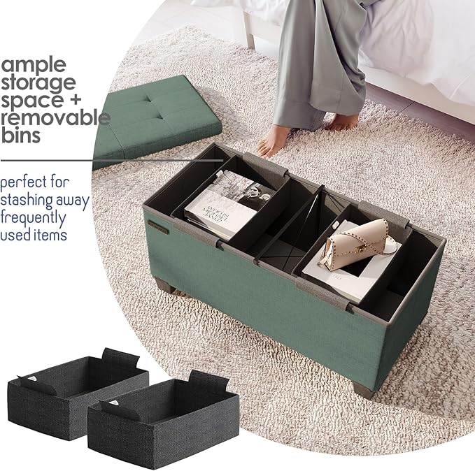 STORAGEBUD Storage Ottoman Bench with Bins, 30-in Storage Bench for Bedroom End of Bed, Folding Foot Rest Ottoman for Living Room Max 660lbs, Fabric Ottomans, Green