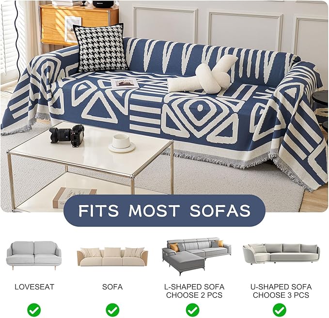 STACYPIK Boho Chenille Blue Sofa Cover L Shaped Couch Cover Reversible Couch Cover for 3 Cushion Couch Non-Silp Furniture Cover for Dogs Cats Sectional Sofa Cover for Loveseat Futon Cover-91X118IN