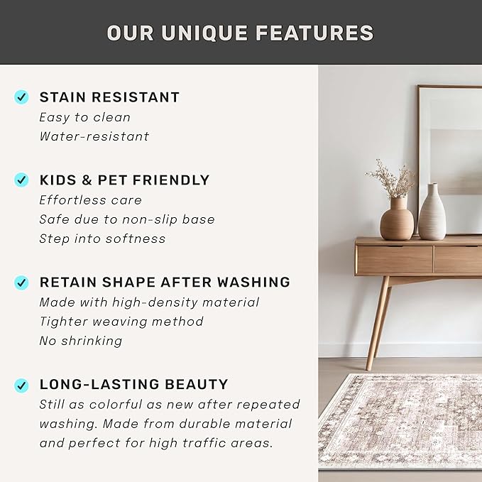 Non Slip Hallway Runner Rug - 2 x 10 Runner Rug, Washable & Waterproof Kitchen Floor Mat - Extra Long Neutral Farmhouse Boho Design Décor (2x10 Beige/Latte)