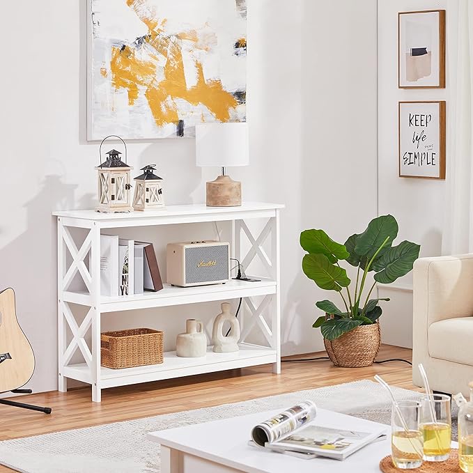 Yaheetech Entryway Table with Storage Shelves, Console Table with Power Outlets and USB Ports, Wood Narrow Sofa Tables with X-Shaped Design for Living Room/Hallway/Couch, White