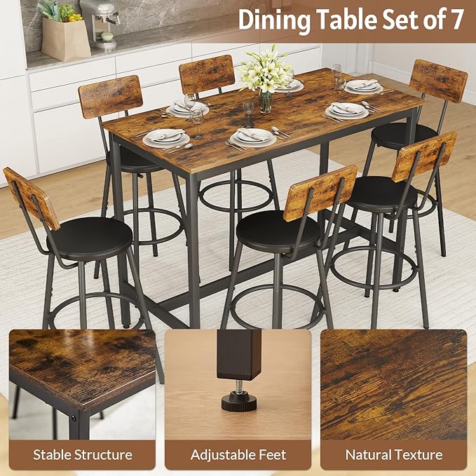 Rovibek Dining Table Set for 6, Bar Table and Chairs Set, Modern 6 Piece High Top Table and Chairs, Industrial Bar Height Pub Tables for Kitchen, Dining Room, Brown