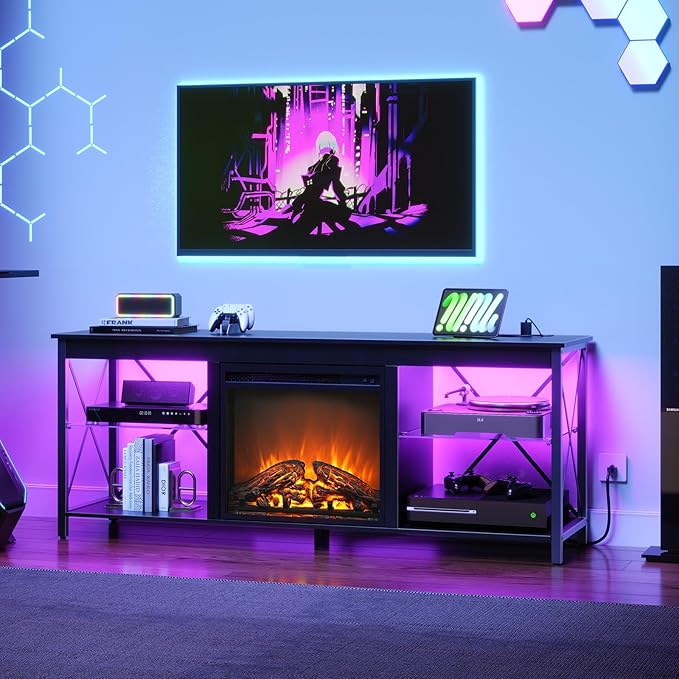 HOOBRO Fireplace TV Stand with Charging Station and LED Lights, TV Stand with Fireplace for TVs up to 65", Entertainment Center with Fireplace, Glass Shelves, Black BB140UDDS01