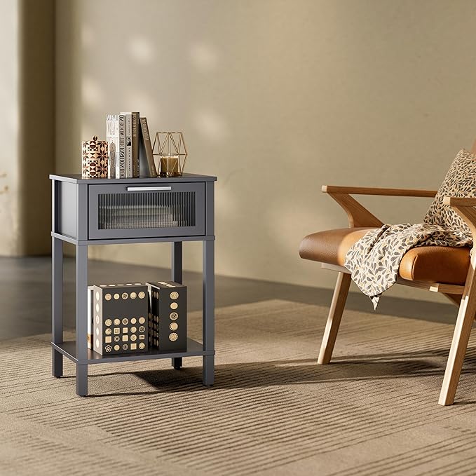Nightstand Wooden Bedside Table with Drawer Grey Night Stands Modern Style Small End Table Side Table with Storage Shelf for Bedroom Living Room MLBZ10G