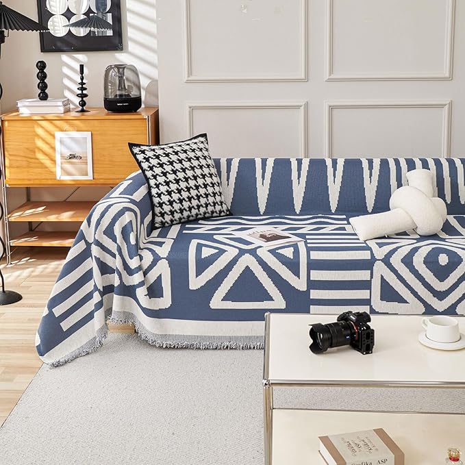 HANDONTIME Boho Couch Covers for Sofa Chenille Sofa Covers Denim Blue Sofa Cover Blanket Sectional Sofa Cover Geometric Reversible Couch Cover for L Shaped Couch Couch Protector for Dogs, 71" X150"